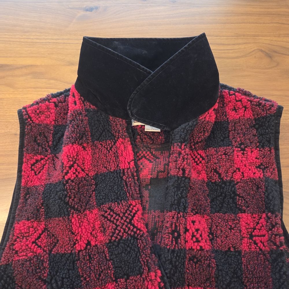 Vintage Woolrich Buffalo Plaid Fleece Vest, Velour Collar 90s Cabincore Large - Picture 10 of 12